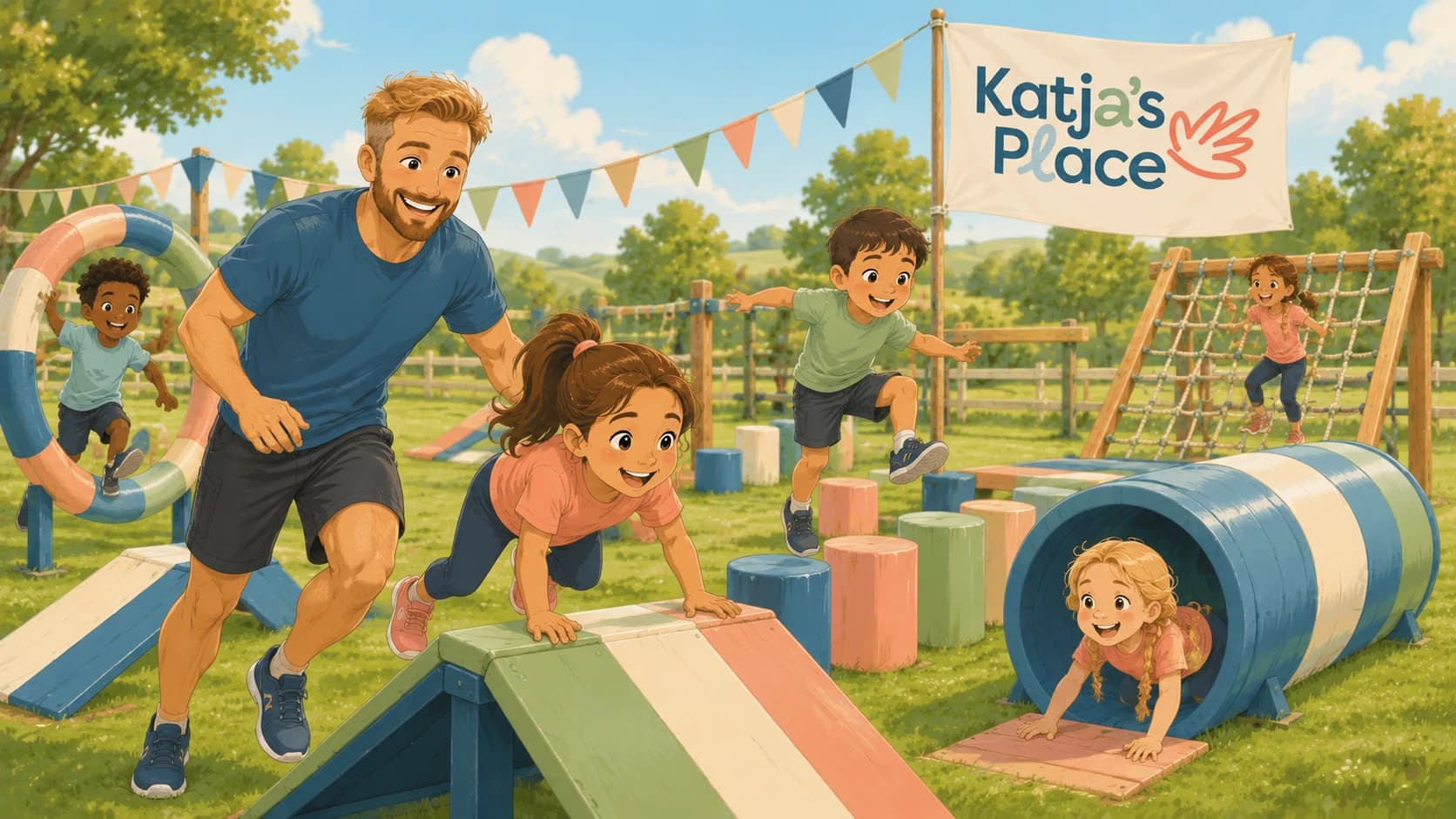 A therapist, assisting children complete an outdoor obstacle course.