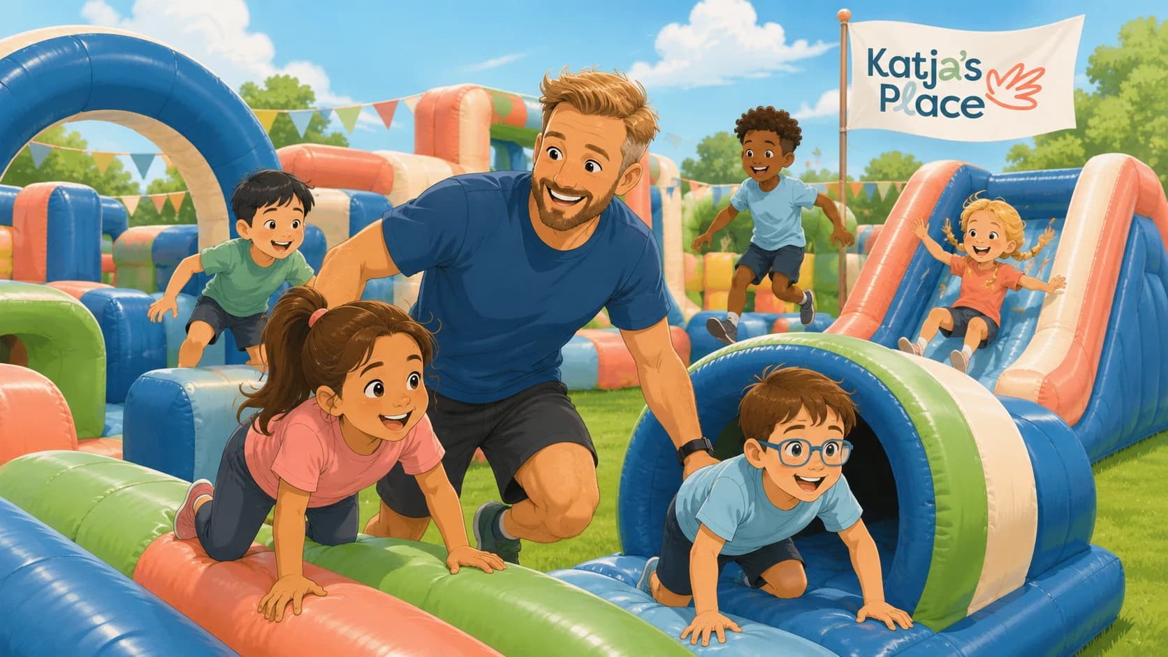 A therapist, assisting children complete an outdoor inflatable obstacle course.