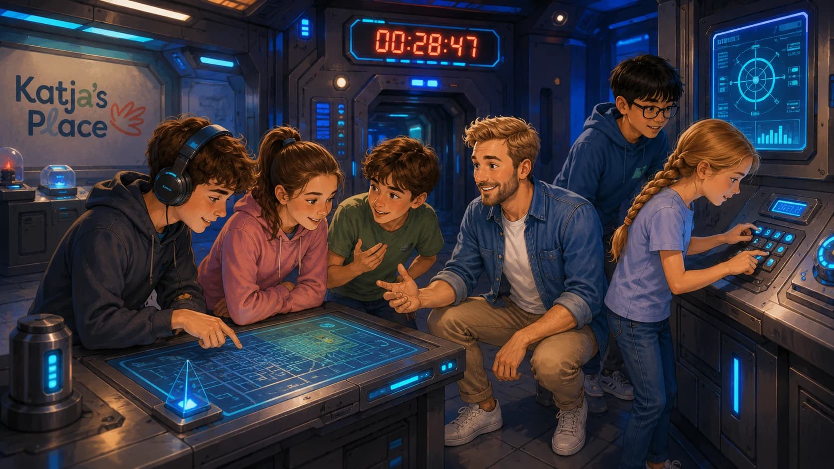An indoor futuristic activity centre; with a therapist and 3 children talking and leaning over a digital map; and 2 children operating a control panel. A digital timer is counting down overhead.