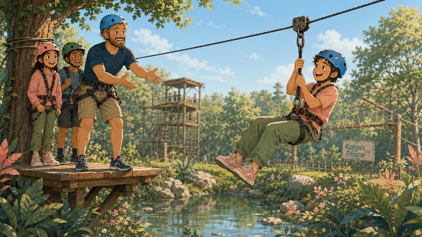A therapist, wearing a safety harness, standing on a treetop platform, assisting a child complete a zipline over water.