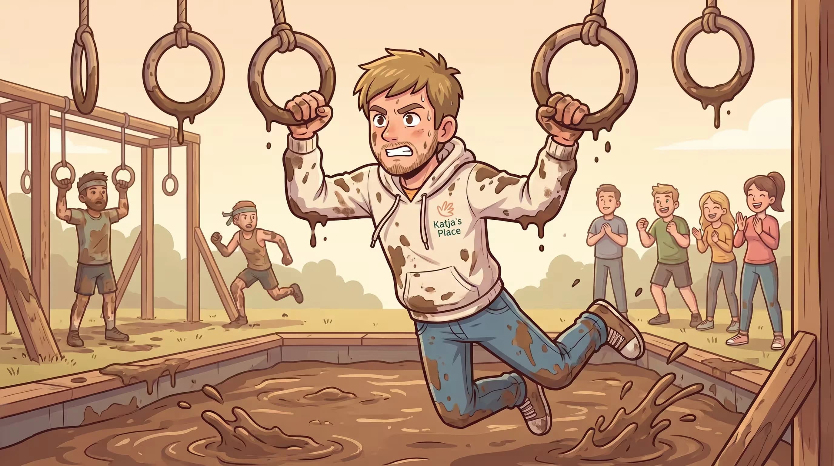 A therapist, with a determined expression, attempting to cross a pit of mud using ring-style monkey bars, while others complete obstacle course challenges in the background.